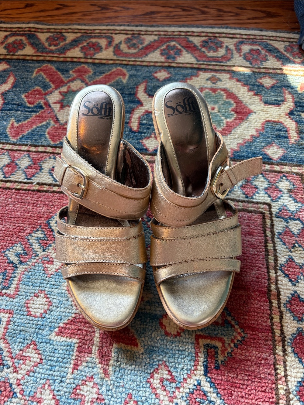 Sofft Metallic Gold Buckle Wedge Sandals